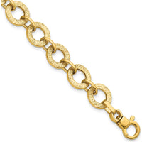 14K Yellow Gold Polished and Textured Fancy Round Link Bracelet - 7" by 0