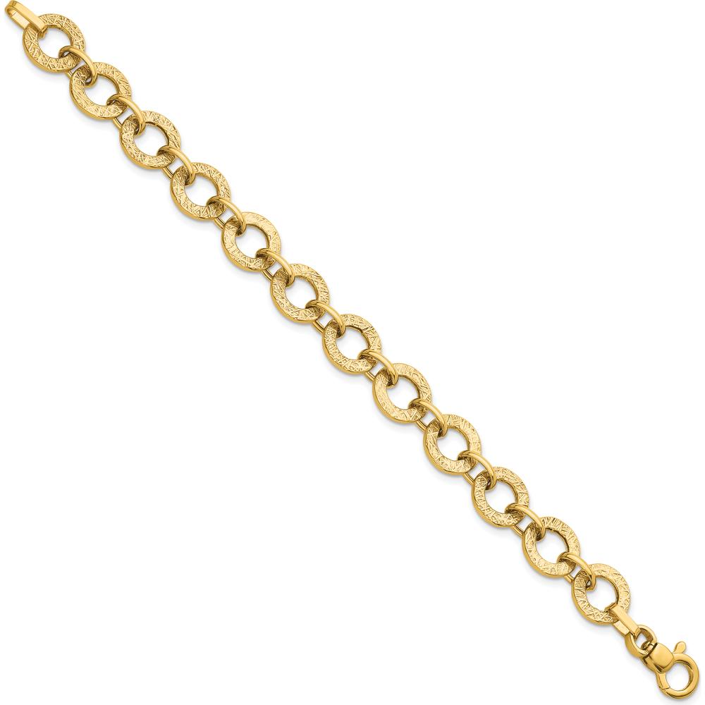 14K Yellow Gold Polished and Textured Fancy Round Link Bracelet - 7" by 0