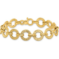 14K Yellow Gold Polished and Textured Fancy Round Link Bracelet - 7" by 0