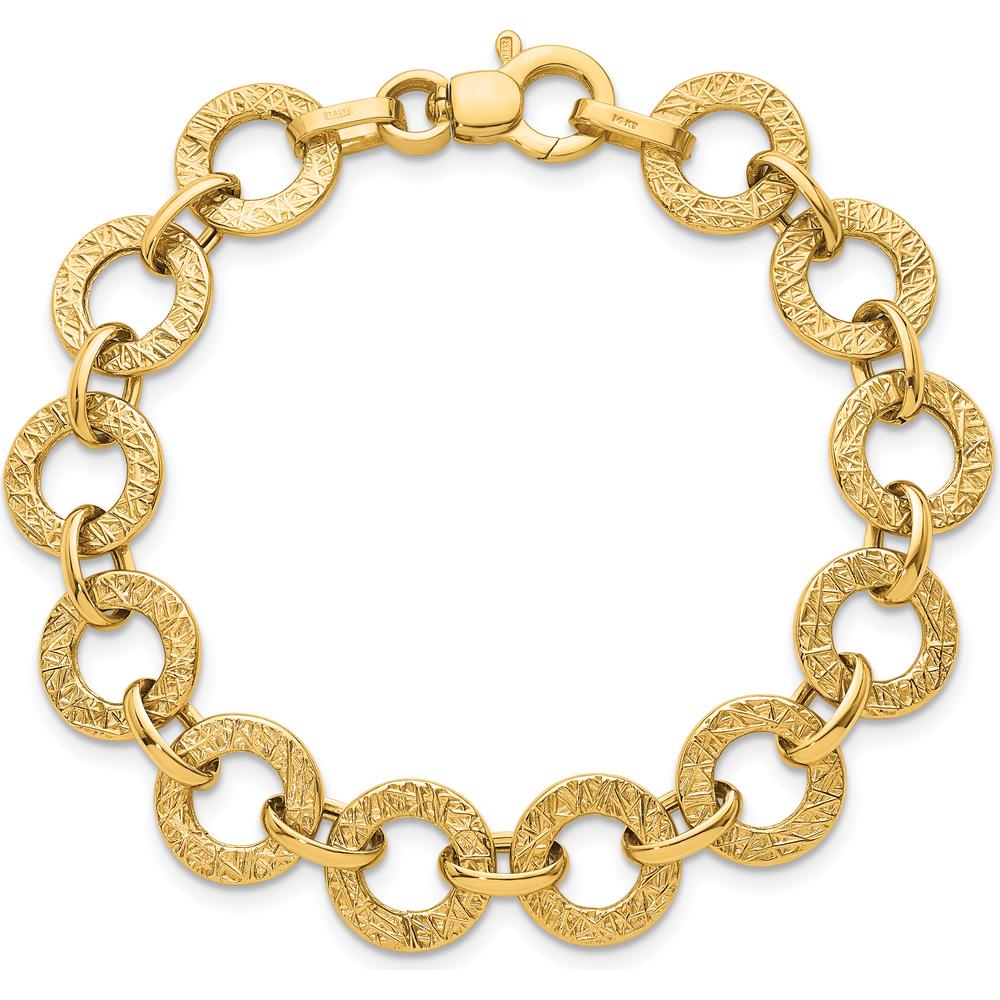 14K Yellow Gold Polished and Textured Fancy Round Link Bracelet - 7" by 0