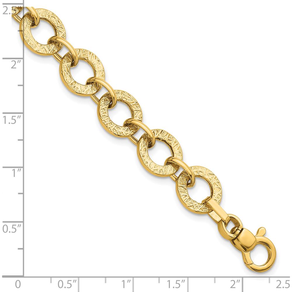 14K Yellow Gold Polished and Textured Fancy Round Link Bracelet - 7" by 0