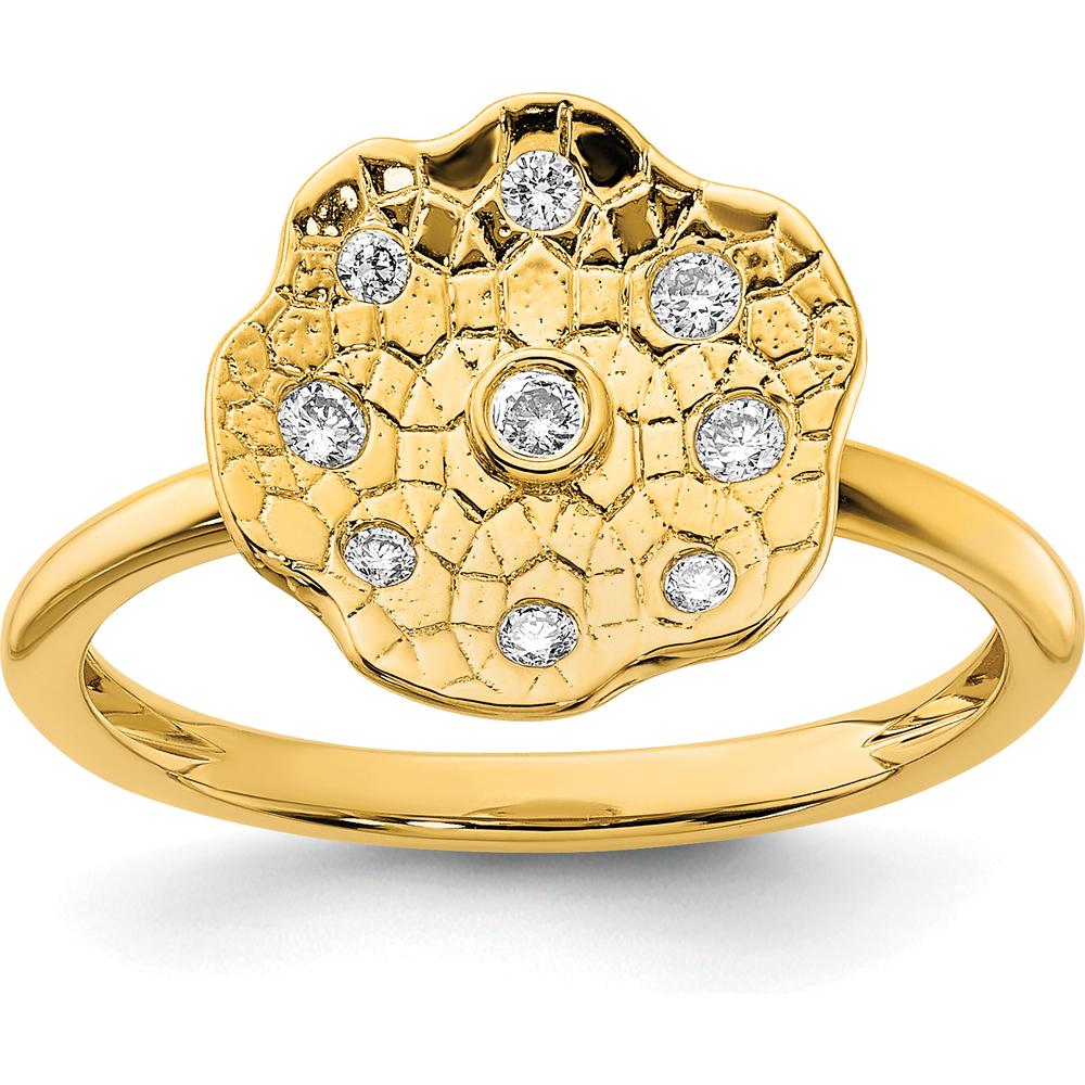 14K Yellow Gold Polished and Textured Fashion Ring with Round Diamonds - 0.12 Carat Total Diamond Weight by 0