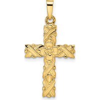 14K Yellow Gold Polished and Textured Floral Cross Pendant - 28.85mm Length by Oro Pregiato