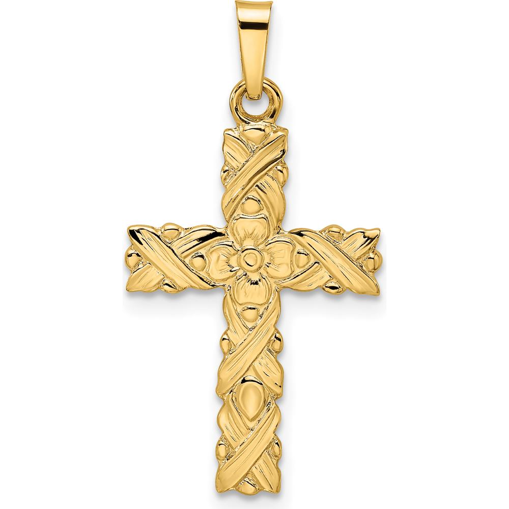 14K Yellow Gold Polished and Textured Floral Cross Pendant - 28.85mm Length by Oro Pregiato