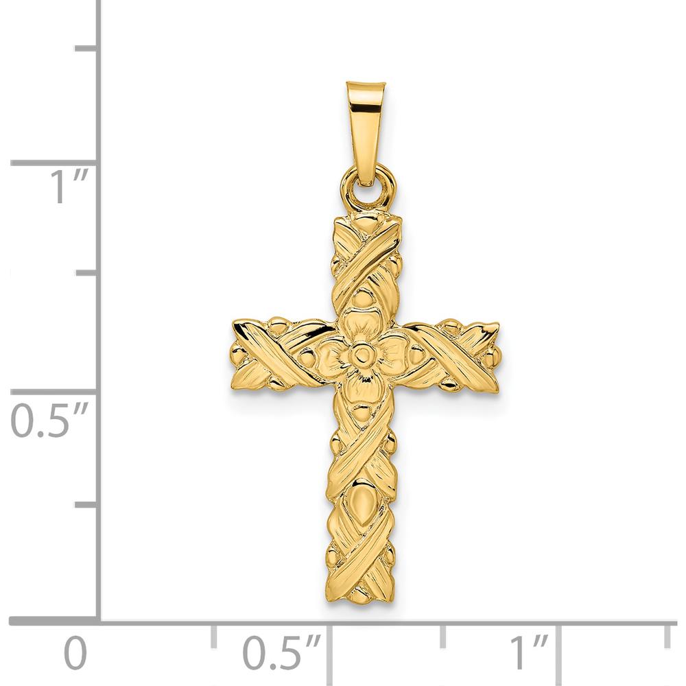 14K Yellow Gold Polished and Textured Floral Cross Pendant - 28.85mm Length by Oro Pregiato