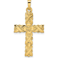 14K Yellow Gold Polished and Textured Floral Cross Pendant - 33.25mm Length by Oro Pregiato