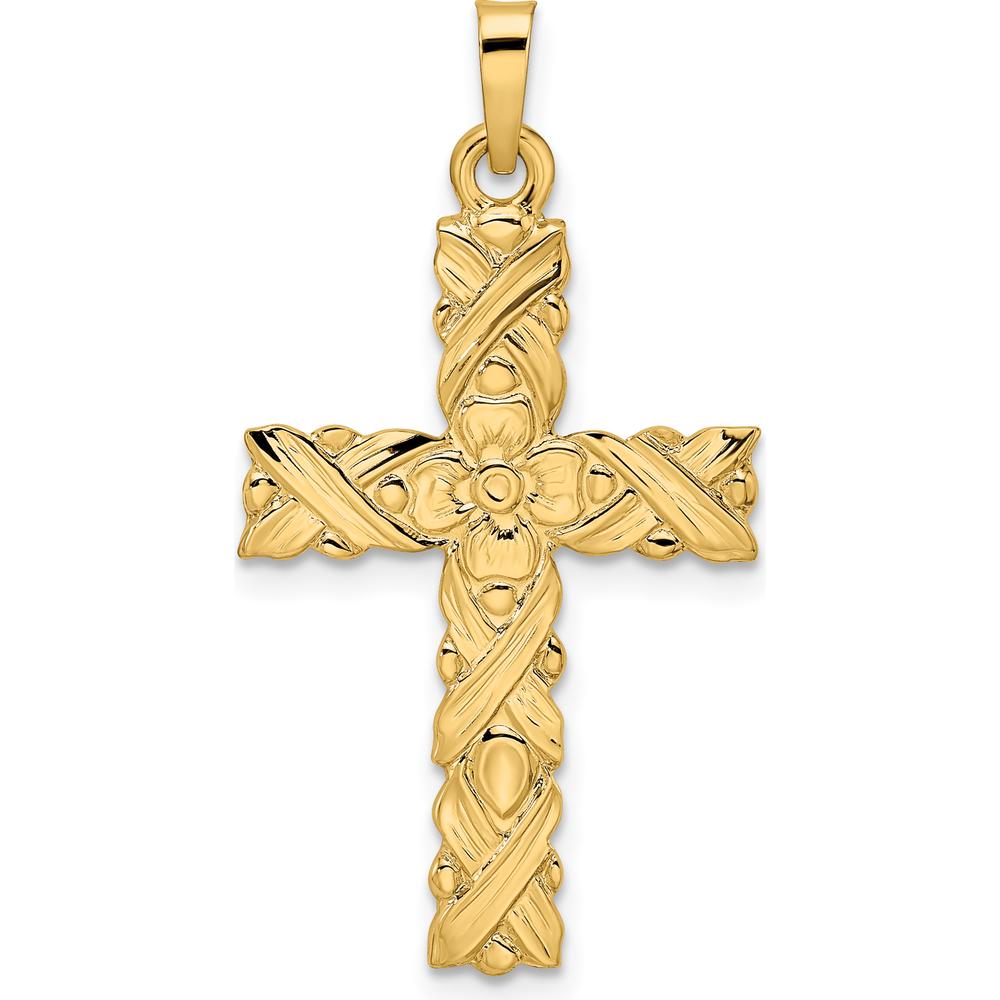 14K Yellow Gold Polished and Textured Floral Cross Pendant - 33.25mm Length by Oro Pregiato