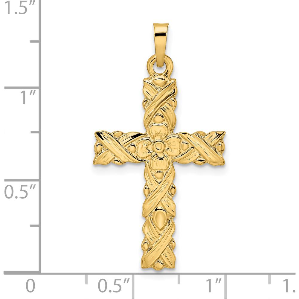 14K Yellow Gold Polished and Textured Floral Cross Pendant - 33.25mm Length by Oro Pregiato
