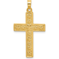 14K Yellow Gold Polished and Textured Floral Cross Pendant - 35.9mm Length by Oro Pregiato