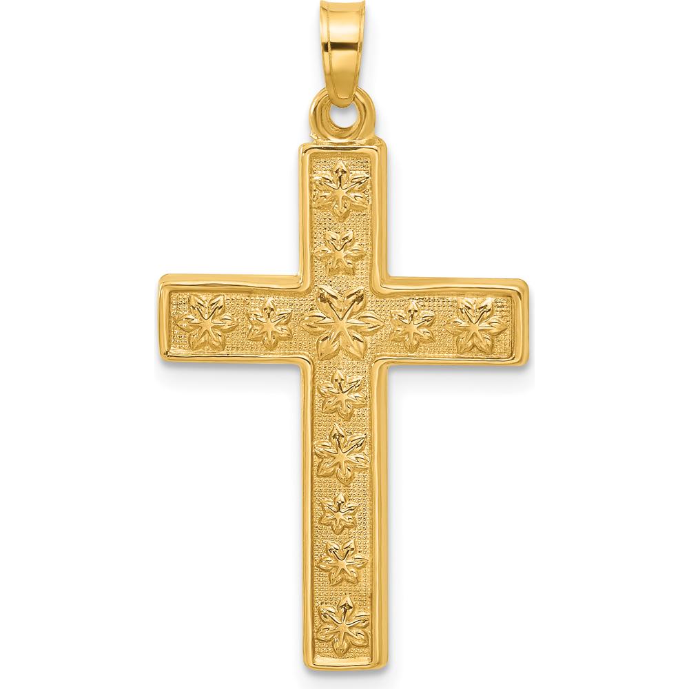 14K Yellow Gold Polished and Textured Floral Cross Pendant - 35.9mm Length by Oro Pregiato