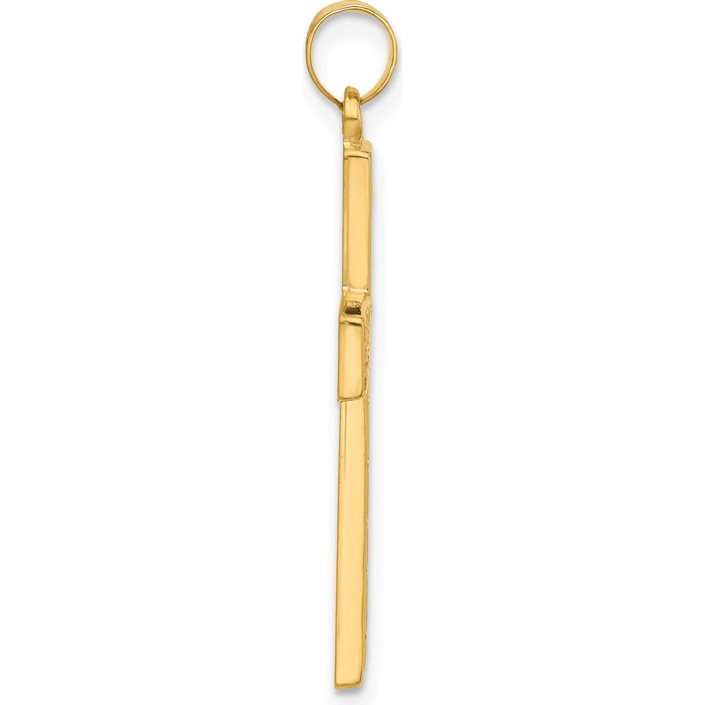 14K Yellow Gold Polished and Textured Floral Cross Pendant - 35.9mm Length by Oro Pregiato