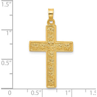14K Yellow Gold Polished and Textured Floral Cross Pendant - 35.9mm Length by Oro Pregiato
