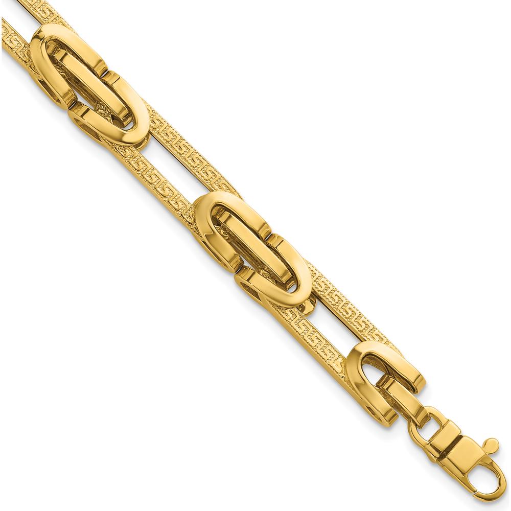 14K Yellow Gold Polished and Textured Greek Key Oval Link Bracelet - 7.25" by 0