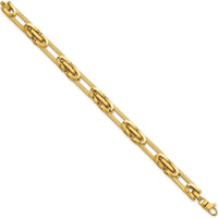 14K Yellow Gold Polished and Textured Greek Key Oval Link Bracelet - 7.25" by 0