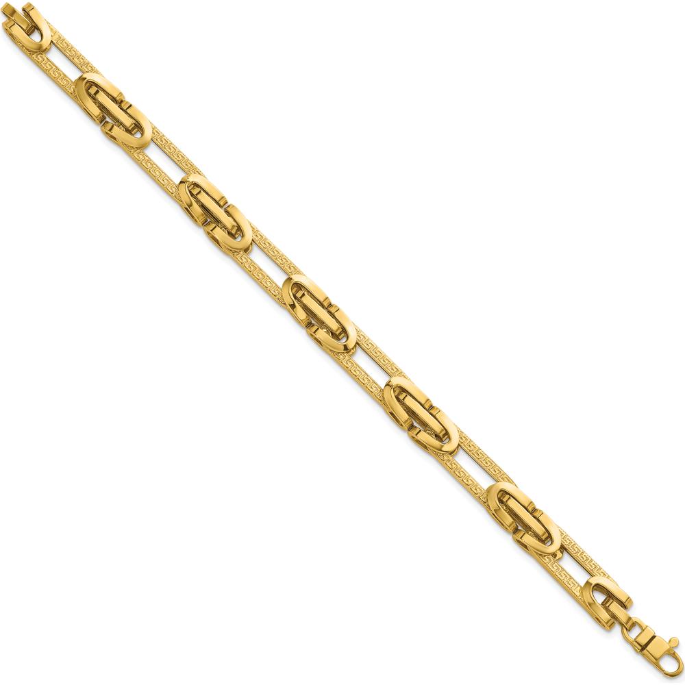 14K Yellow Gold Polished and Textured Greek Key Oval Link Bracelet - 7.25" by 0