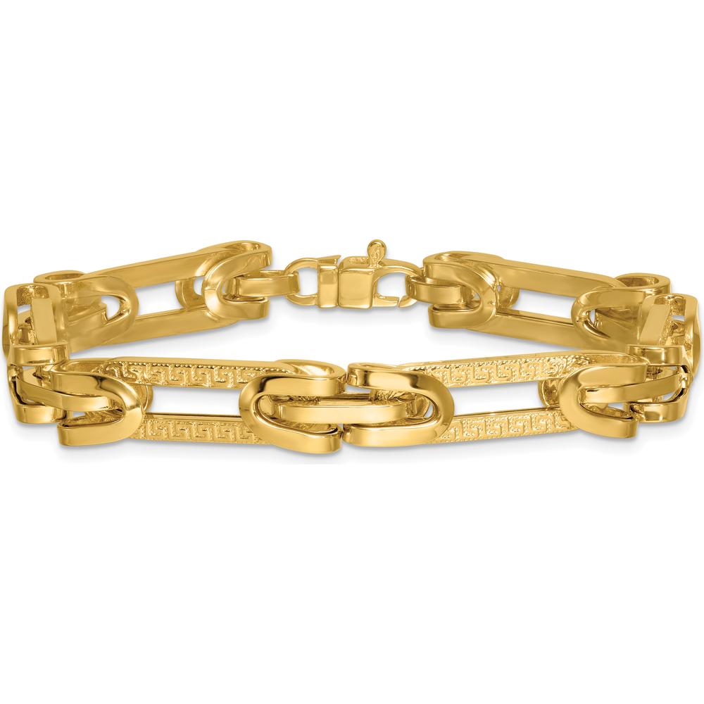 14K Yellow Gold Polished and Textured Greek Key Oval Link Bracelet - 7.25" by 0