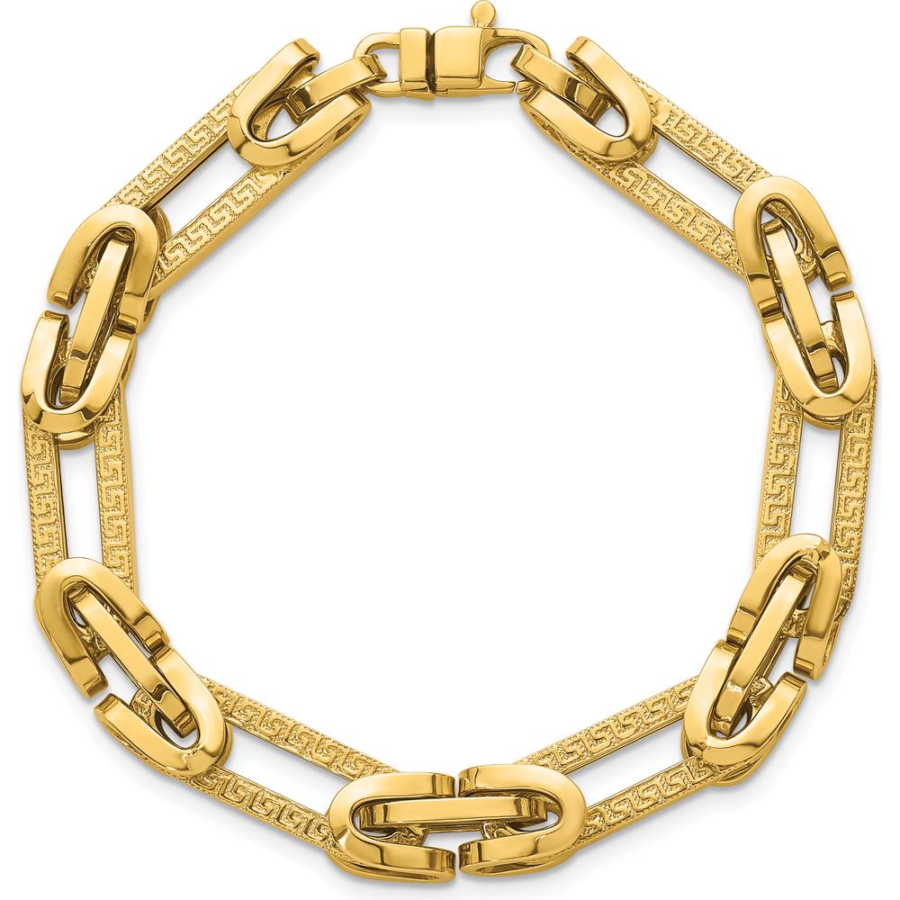 14K Yellow Gold Polished and Textured Greek Key Oval Link Bracelet - 7.25" by 0