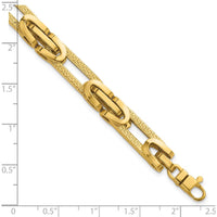 14K Yellow Gold Polished and Textured Greek Key Oval Link Bracelet - 7.25" by 0