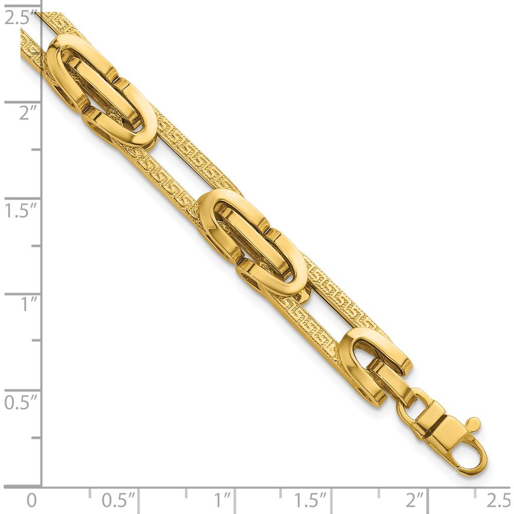 14K Yellow Gold Polished and Textured Greek Key Oval Link Bracelet - 7.25" by 0