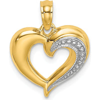 14K Yellow Gold Polished and Textured Heart Pendant with White Rhodium Accents by Oro Pregiato