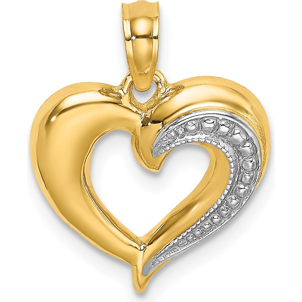 14K Yellow Gold Polished and Textured Heart Pendant with White Rhodium Accents by Oro Pregiato