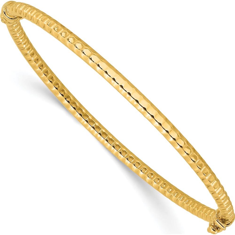 14K Yellow Gold Polished and Textured Hinged Oval Bangle Bracelet - 3mm Width by Oro Pregiato