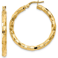 14K Yellow Gold Polished and Textured Hollow Hoop Earrings - 33mm Length by 0