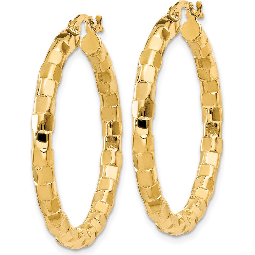 14K Yellow Gold Polished and Textured Hollow Hoop Earrings - 33mm Length by 0