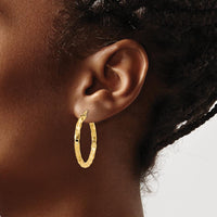 14K Yellow Gold Polished and Textured Hollow Hoop Earrings - 33mm Length by 0