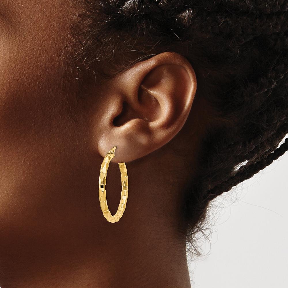 14K Yellow Gold Polished and Textured Hollow Hoop Earrings - 33mm Length by 0