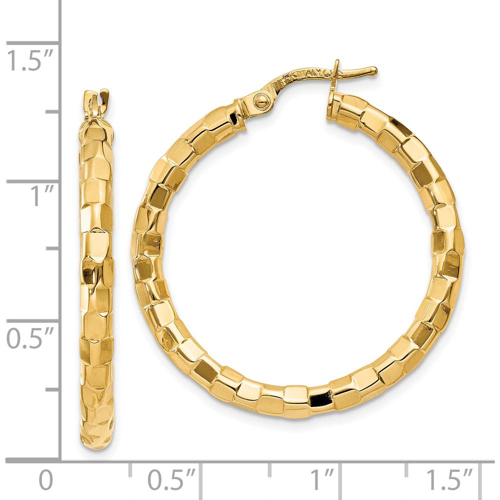 14K Yellow Gold Polished and Textured Hollow Hoop Earrings - 33mm Length by 0