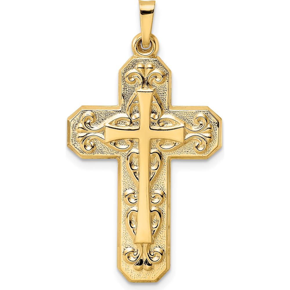 14K Yellow Gold Polished and Textured Hollow Scroll Double Cross Pendant by Oro Pregiato