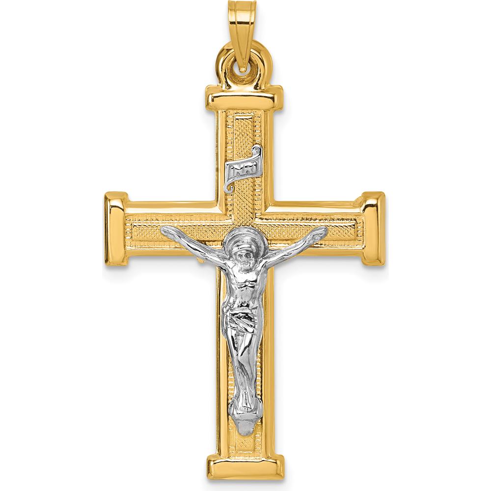 14K Yellow Gold Polished and Textured INRI Crucifix Cross Pendant with White Rhodium Accents by Oro Pregiato