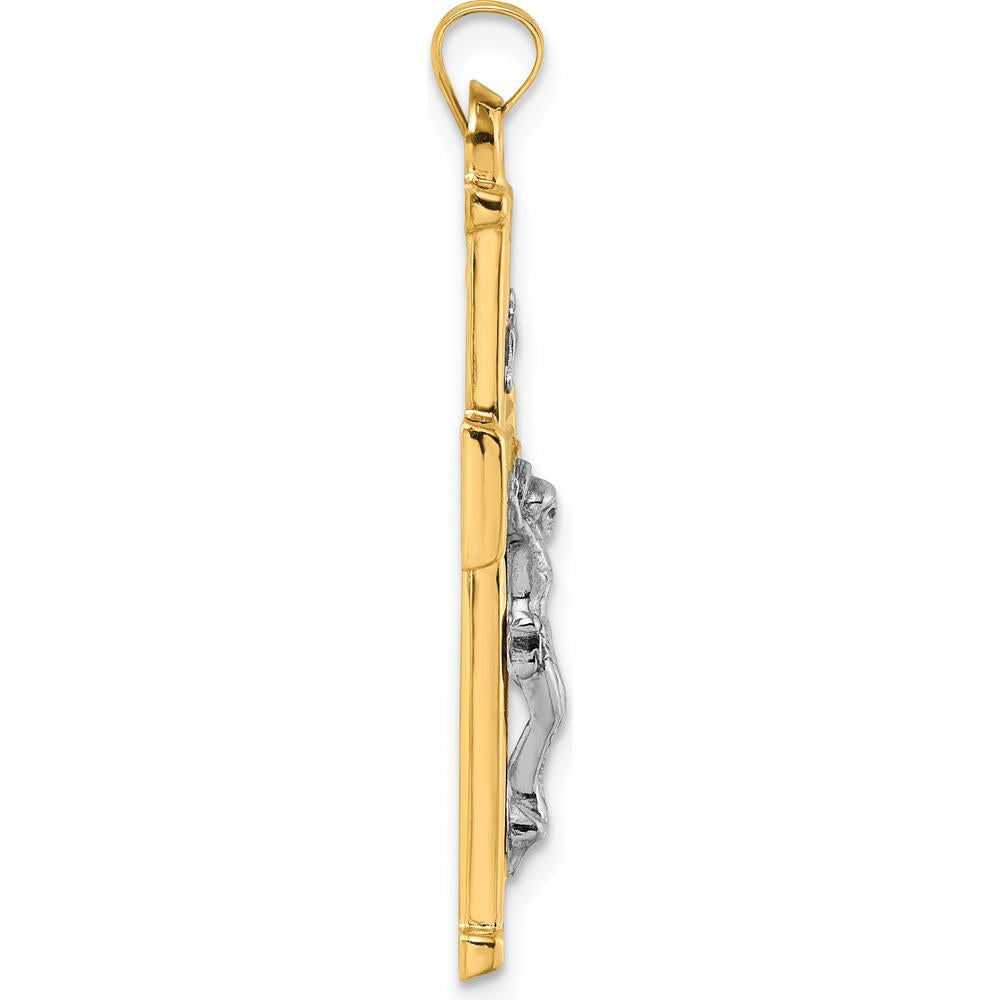 14K Yellow Gold Polished and Textured INRI Crucifix Cross Pendant with White Rhodium Accents by Oro Pregiato