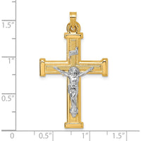 14K Yellow Gold Polished and Textured INRI Crucifix Cross Pendant with White Rhodium Accents by Oro Pregiato