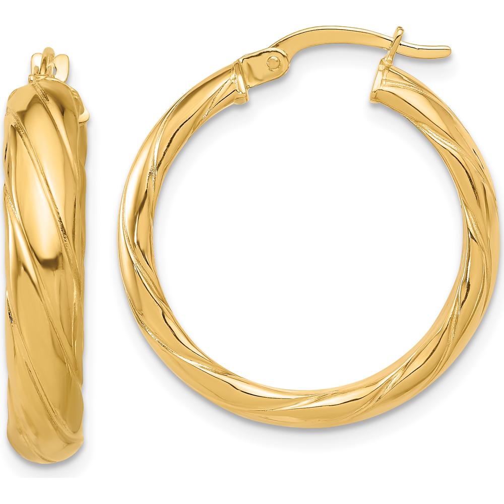 14K Yellow Gold Polished and Textured Large Hoop Earrings - 26mm Diameter by 0