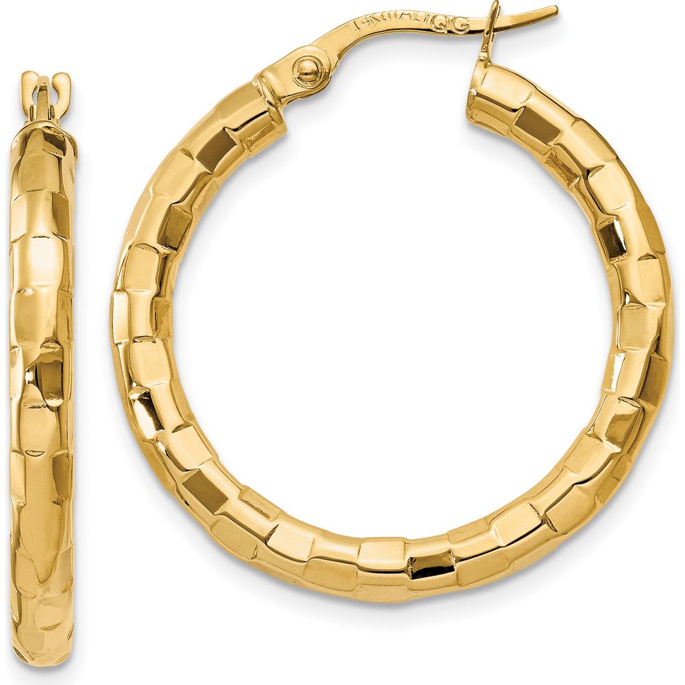 14K Yellow Gold Polished and Textured Large Hoop Earrings by 0