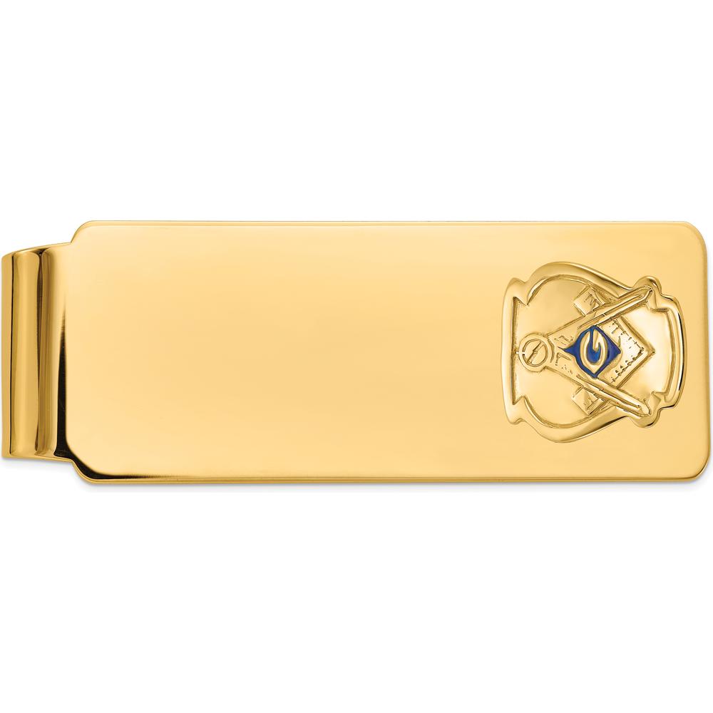 14K Yellow Gold Polished and Textured Masonic Medium Money Clip with Blue Enamel Detail by IBGoodman