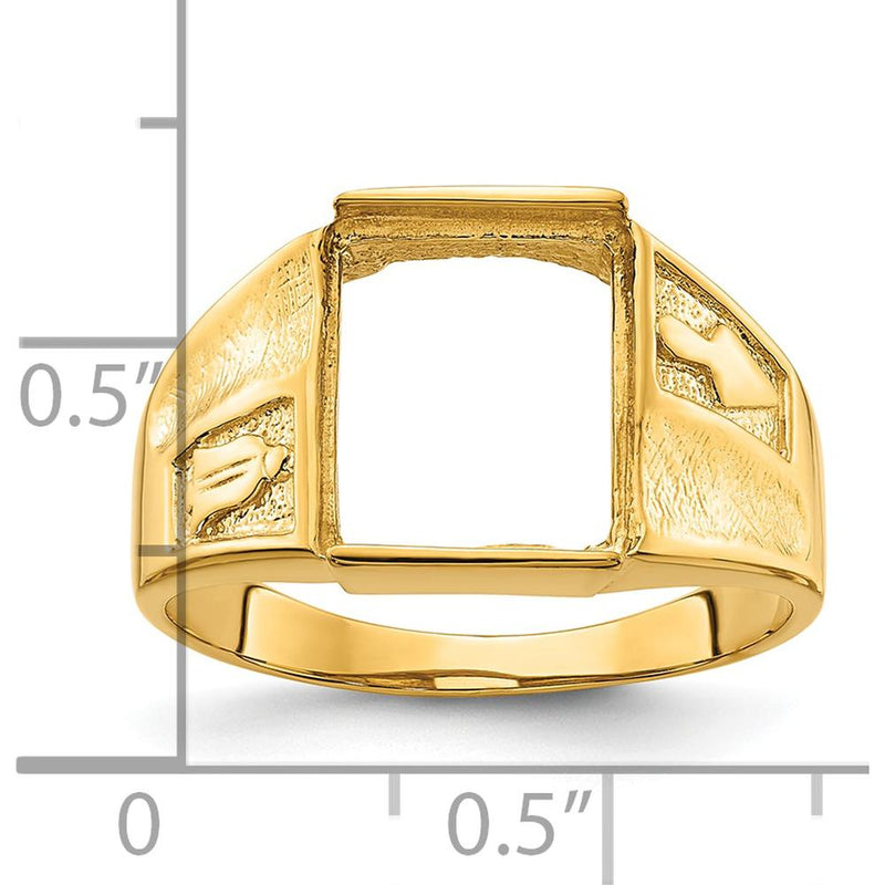 14K Yellow Gold Polished and Textured Masonic Ring Mounting for 12x10mm Rectangular Stone by Monteluci Fine Jewelry