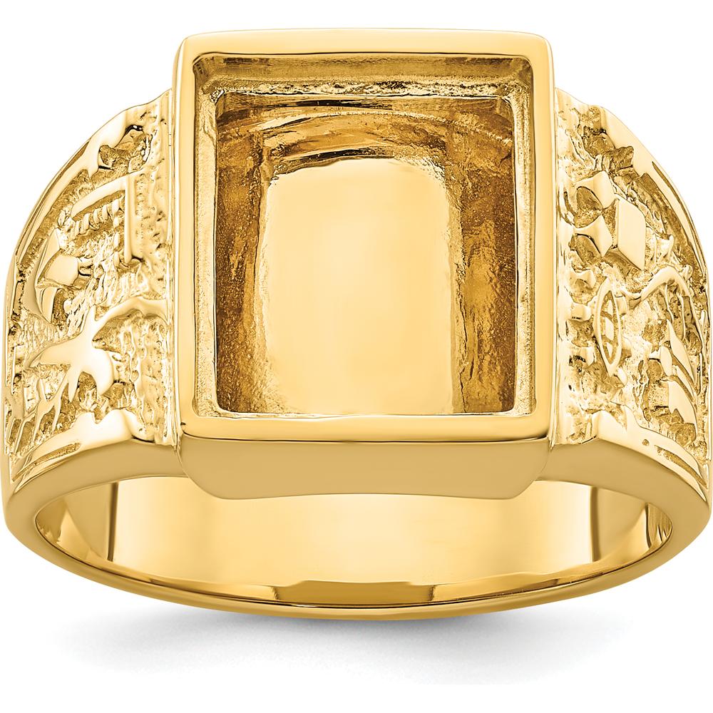 14K Yellow Gold Polished and Textured Masonic Ring Mounting for 12x10mm Rectangular Stone by IBGoodman
