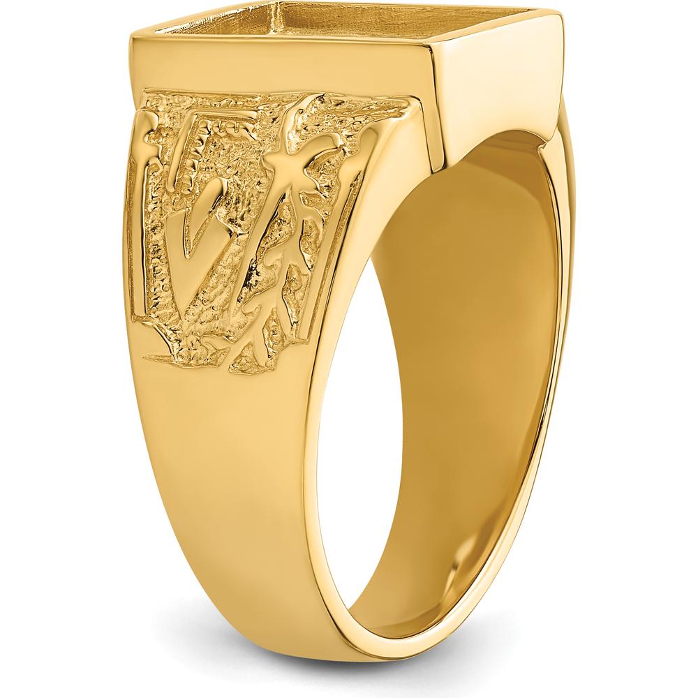 14K Yellow Gold Polished and Textured Masonic Ring Mounting for 12x10mm Rectangular Stone by IBGoodman