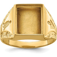 14K Yellow Gold Polished and Textured Masonic Ring Mounting with Rectangular 12x10mm Center Stone Setting by IBGoodman