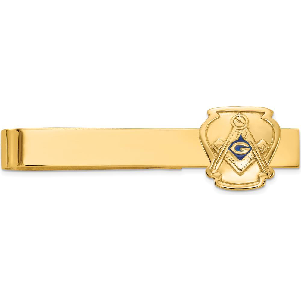 14K Yellow Gold Polished and Textured Masonic Tie Bar with Blue Enamel Detail by IBGoodman