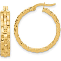 14K Yellow Gold Polished and Textured Medium Hoop Earrings by 0