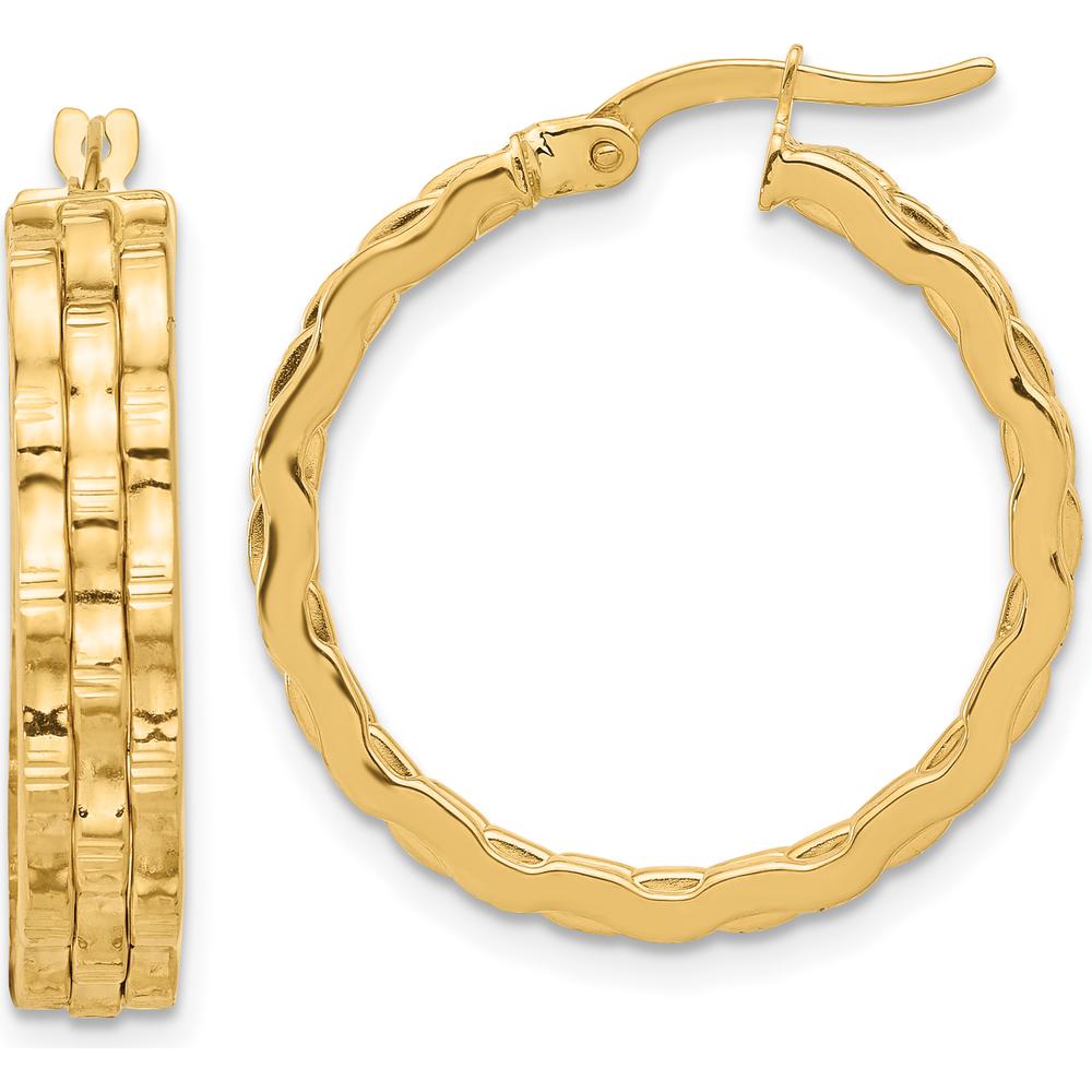 14K Yellow Gold Polished and Textured Medium Hoop Earrings by 0
