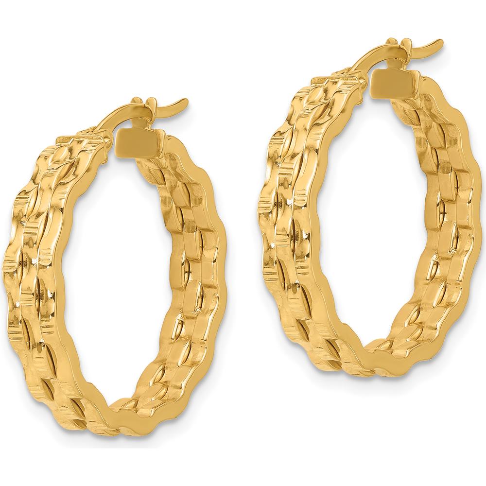 14K Yellow Gold Polished and Textured Medium Hoop Earrings by 0