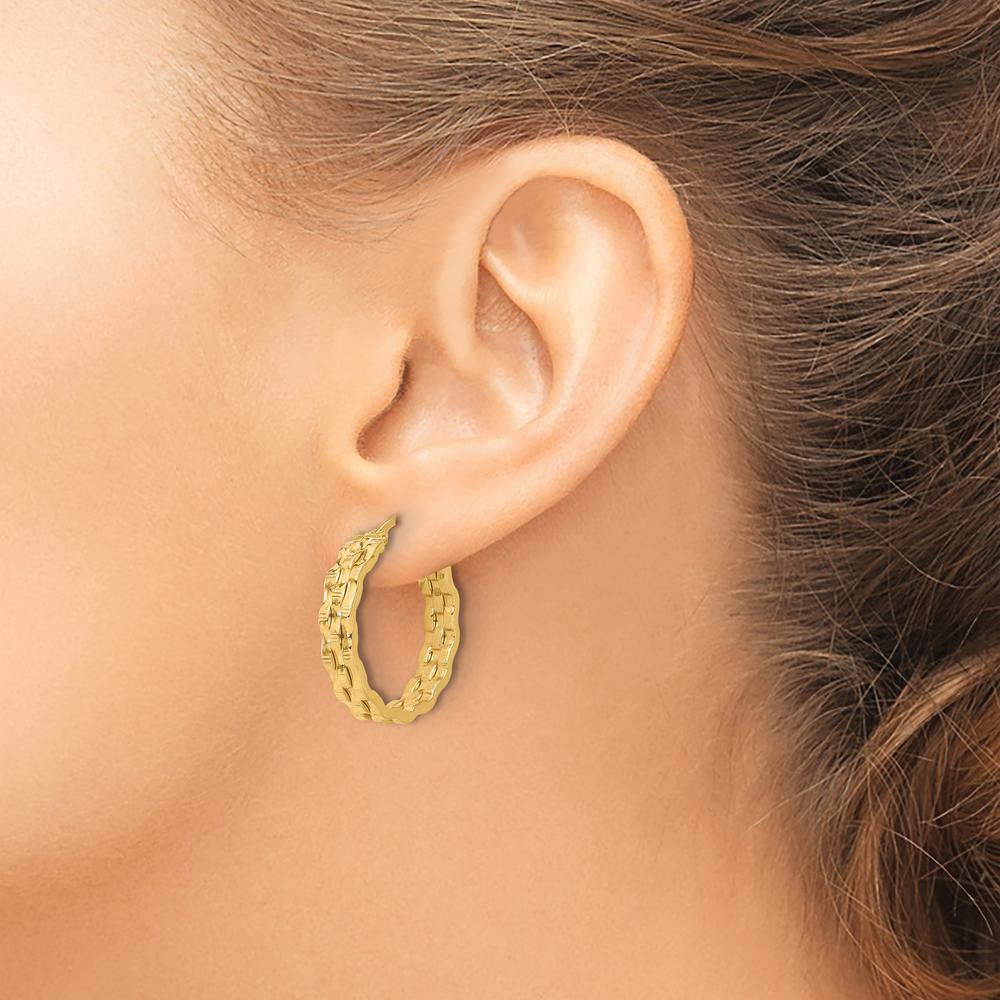 14K Yellow Gold Polished and Textured Medium Hoop Earrings by 0
