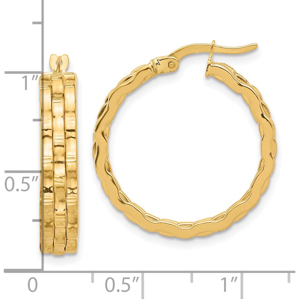 14K Yellow Gold Polished and Textured Medium Hoop Earrings by 0