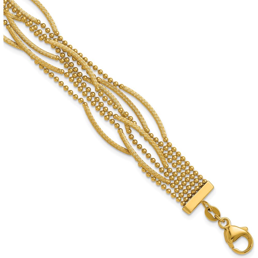 14K Yellow Gold Polished and Textured Multi-Strand Beaded Bracelet - 7.25" Length by 0