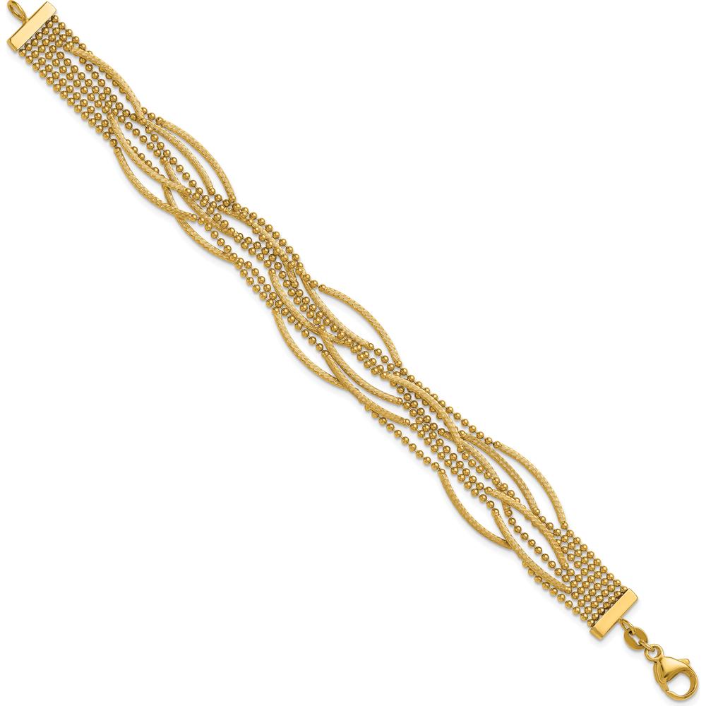 14K Yellow Gold Polished and Textured Multi-Strand Beaded Bracelet - 7.25" Length by 0